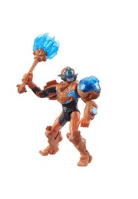 Action figure with a brown and black body, blue accents, and a textured hammer. The figure features a blue helmet and large shoulder armor.