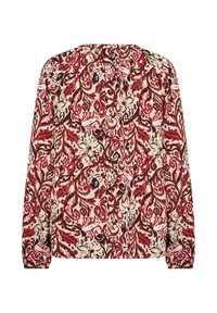 Blus med långa ärmar och blommönster i rött, svart och beige. Tyget ser texturerat ut med veckdetaljer vid axlarna.