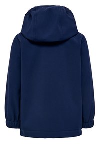 Mörkblå jacka med huva, med elastiska ärmslut och en mjuk textur. Enkel design utan synliga knappar eller mönster.
