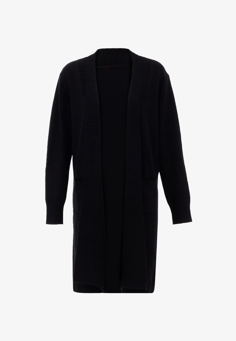 Czarny kardigan z fakturowanej dzianiny, z otwartym przodem, długimi rękawami i dwiema bocznymi kieszeniami. Posiada prążkowane mankiety i dół.