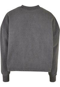 Sweatshirt gris foncé à manches longues avec col rond, poignets et ourlet côtelés, vu de dos.