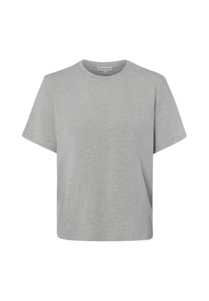 Hellgraues T-Shirt mit kurzen Ärmeln, Rundhalsausschnitt, lässiger Passform und dezentem weiß gesprenkeltem Muster.