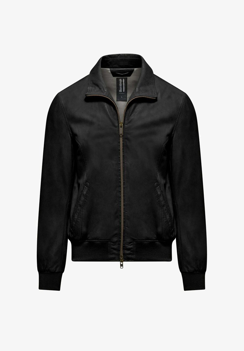 Giacca bomber nera con zip frontale, polsini a costine e tasche laterali. Texture liscia con design colletto classico.