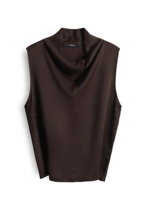 Brown sleeveless top with a cowl neck, made of smooth fabric. Simple, straight cut with no embellishments or visible seams.