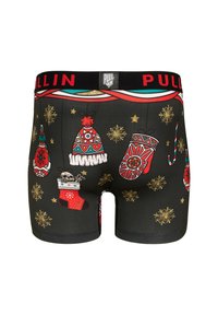 Boxers noirs ornés de graphiques colorés sur le thème des fêtes, comprenant des ornements, des gants et des chaussettes, avec une taille de marque rouge.