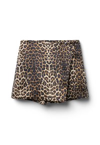 Shorts en imprimé léopard avec une taille ajustée et un design évasé. Fabriqués en tissu léger, avec une texture lisse et des couleurs vives.