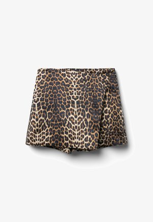 Leopardenmuster-Shorts mit tailliertem Bund und ausgestelltem Design. Hergestellt aus leichtem Stoff, mit glatter Textur und lebendigen Farben.