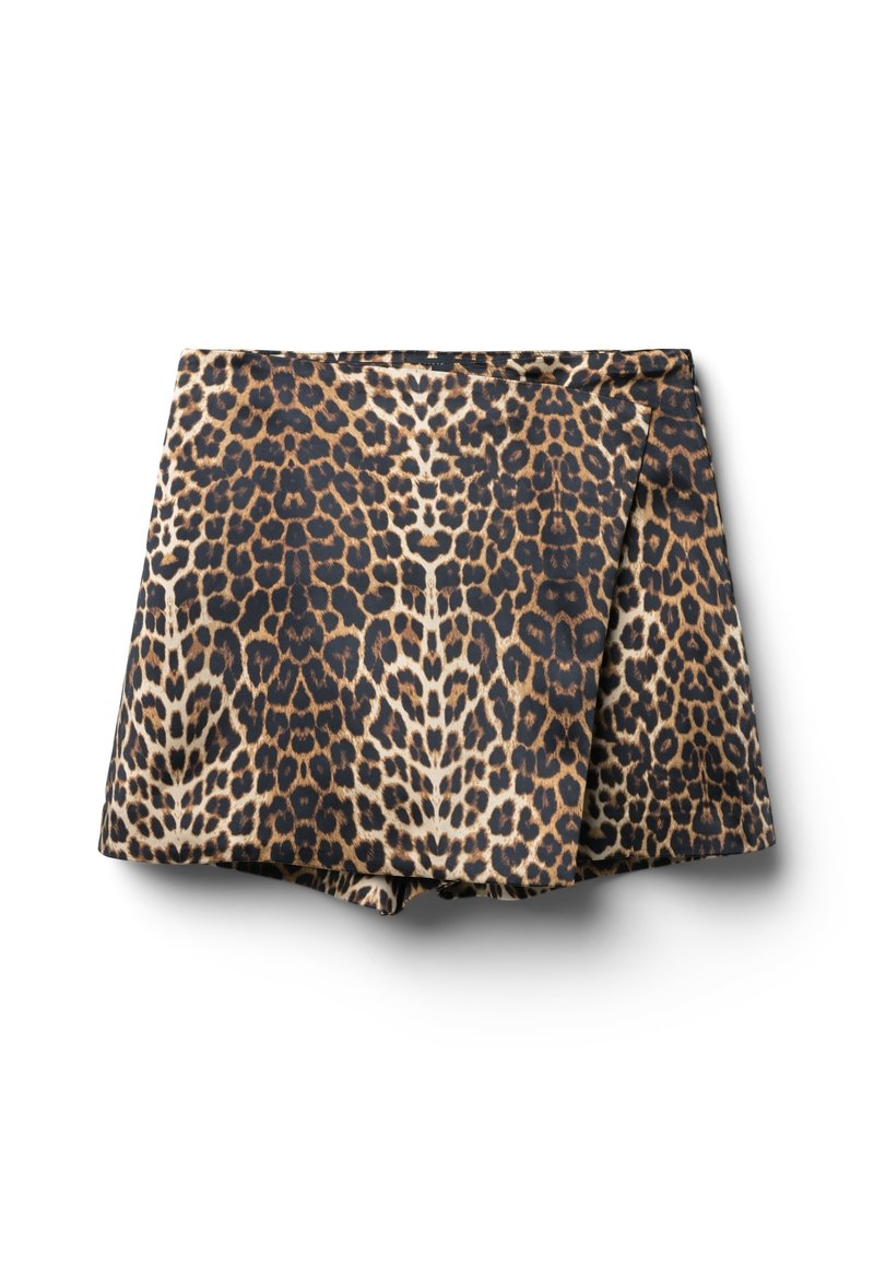 Shorts en imprimé léopard avec une taille ajustée et un design évasé. Fabriqués en tissu léger, avec une texture lisse et des couleurs vives.