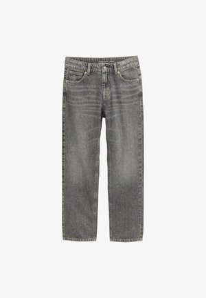 Jeans de mezclilla gris con un ajuste de pierna recta, que presentan un diseño clásico de cinco bolsillos y un ligero desgastado para dar textura. Cierre de botón y cremallera en la cintura.