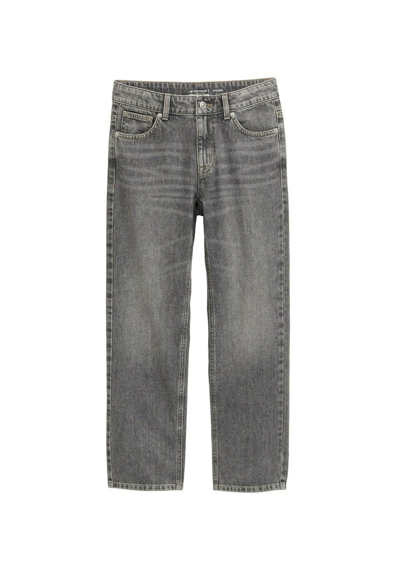 Grå denimjeans med rak passform, med klassisk femficksdesign och subtil blekning för textur. Knapplås och dragkedja i midjan.