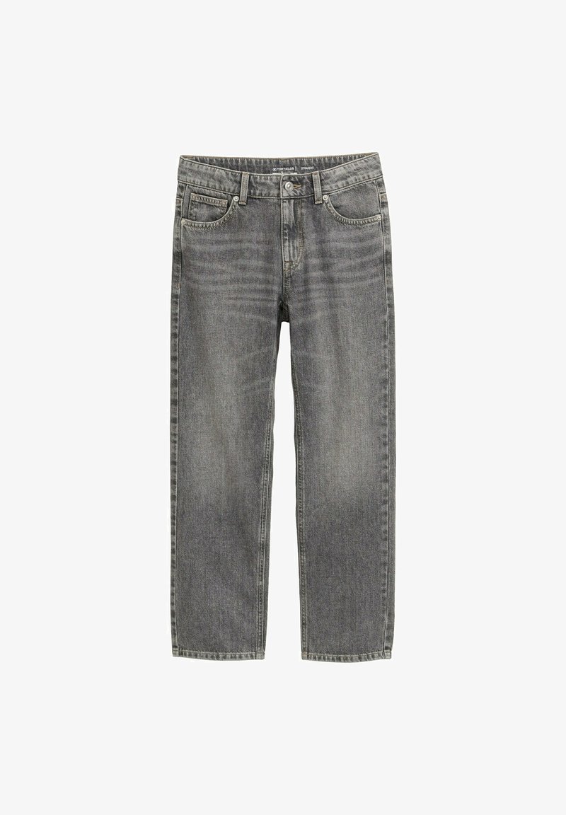 Pilki džinsai su tiesiu siluetu, turintys klasikinį penkių kišenių dizainą ir lengvą dėvėjimo įspūdį tekstūrai. Uždarymas ties juosmeniu su sagte ir užtrauktuku.