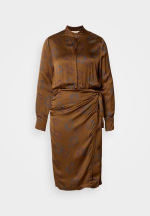 Brown silk shirt dress with long sleeves, button closure, and gathered side detail. Features subtle blue and purple floral patterns.