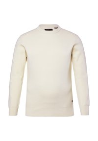 Cremefarbener Pullover mit langem Arm und Rundhalsausschnitt, mit gerippten Bündchen und Saum, vor einem weißen Hintergrund präsentiert.