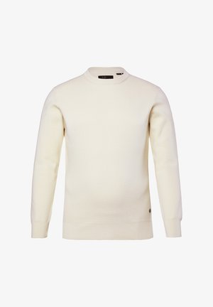 Cream-colored long-sleeve crewneck sweater with ribbed cuffs and hem, displayed against a white background.