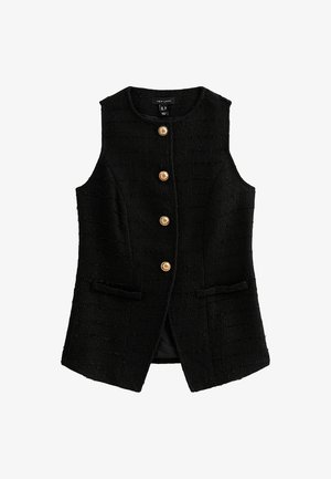 Schwarze ärmellose Weste aus strukturiertem Stoff, mit geradem Schnitt, vier goldenen Knöpfen und zwei Vordertaschen.
