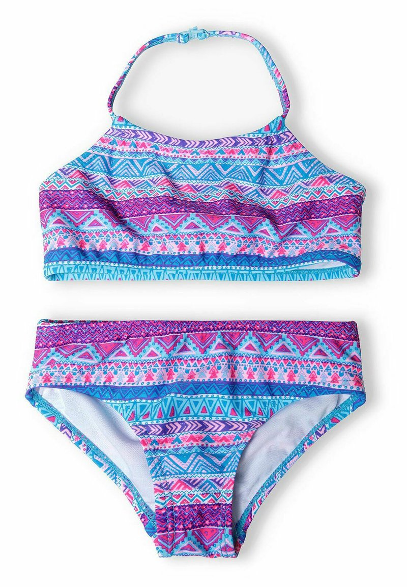 Dvodijelni kupaći kostim u plavoj, ružičastoj i ljubičastoj geometrijskoj šabloni. Halter-stil gornji dio s podesivim vrpcom za vrata i odgovarajući bikini donji dio.