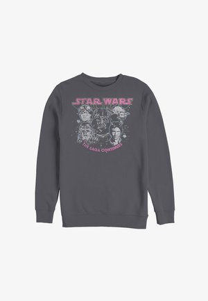 Ciemnoszara bluza z nadrukiem vintage Star Wars przedstawiającym Luke'a Skywalkera, Dartha Vadera, Yodę, Chewbaccę i Hana Solo oraz tekstem „Saga trwa dalej.”