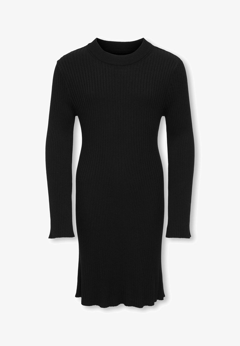 Robe noire en tricot côtelé avec manches longues, col montant et ourlet évasé. La texture du tissu est douce avec des lignes verticales. Pas de motifs ni d'ornements.