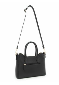 Borsa nera con due manici superiori e tracolla removibile. Realizzata in materiale strutturato, presenta una tasca frontale con cerniera e dettagli in oro.