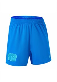 Pantalones cortos deportivos azules de tela ligera, con cintura elástica y un parche de logo en relieve en la pierna izquierda. Textura suave.