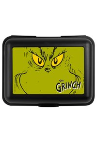 Un case rettangolare nero con un'illustrazione vibrante del Grinch, caratterizzato da occhi gialli prominenti e testo bianco che recita "Il GRINCH."