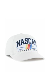 White baseball cap featuring blue and red embroidered NASCAR logo, with "Founded 1948" text below, and a curved brim design.