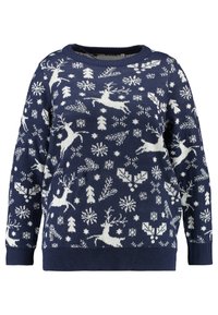 Granatowy sweter robiony na drutach z białymi wzorami reniferów i śnieżynek. Posiada okrągły dekolt oraz teksturowaną tkaninę z prążkowanymi mankietami.