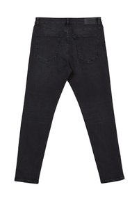 Jeans in denim nero con taglio slim, dotati di due tasche posteriori, design a linee pulite e hardware minimale. Colore e texture uniformi.