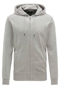 Felpa grigia con zip realizzata in tessuto misto cotone, dotata di cappuccio con coulisse, tasche frontali e polsini e orlo a costine. Dettaglio logo sottile.