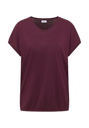 Lyhythihainen V-kaula-aukollinen naisten toppi tumman viininpunaisena, löysällä leikkauksella ja joustavalla helmalla, kauluksen sisäpuolella merkintä "Cecil".