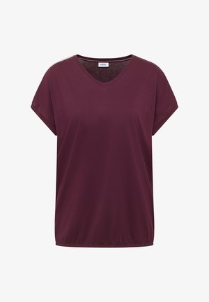 Dames top met korte mouwen en V-hals in donker bordeauxrood, losse pasvorm en elastische zoom, binnen in de kraag met label "Cecil".