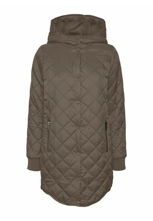 Veste matelassée marron avec une capuche, dotée de fermetures à pression, de deux poches zippées et de poignets côtelés. Mi-longue avec un ourlet arrondi.