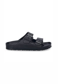 Sorte sandaler med en tekstureret syntetisk overdel, to justerbare spænder og en fleksibel gummisål med et mønster for godt greb.