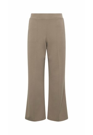 Taupe wijde cropped broek met een hoge taille en details van een middenvoornaad, afgebeeld tegen een witte achtergrond.