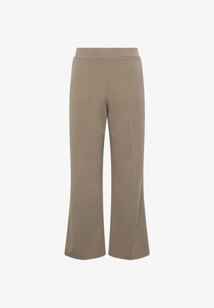 Taupe wide-leg cropped pants with a high waist and center front seam details, shown against a white background.