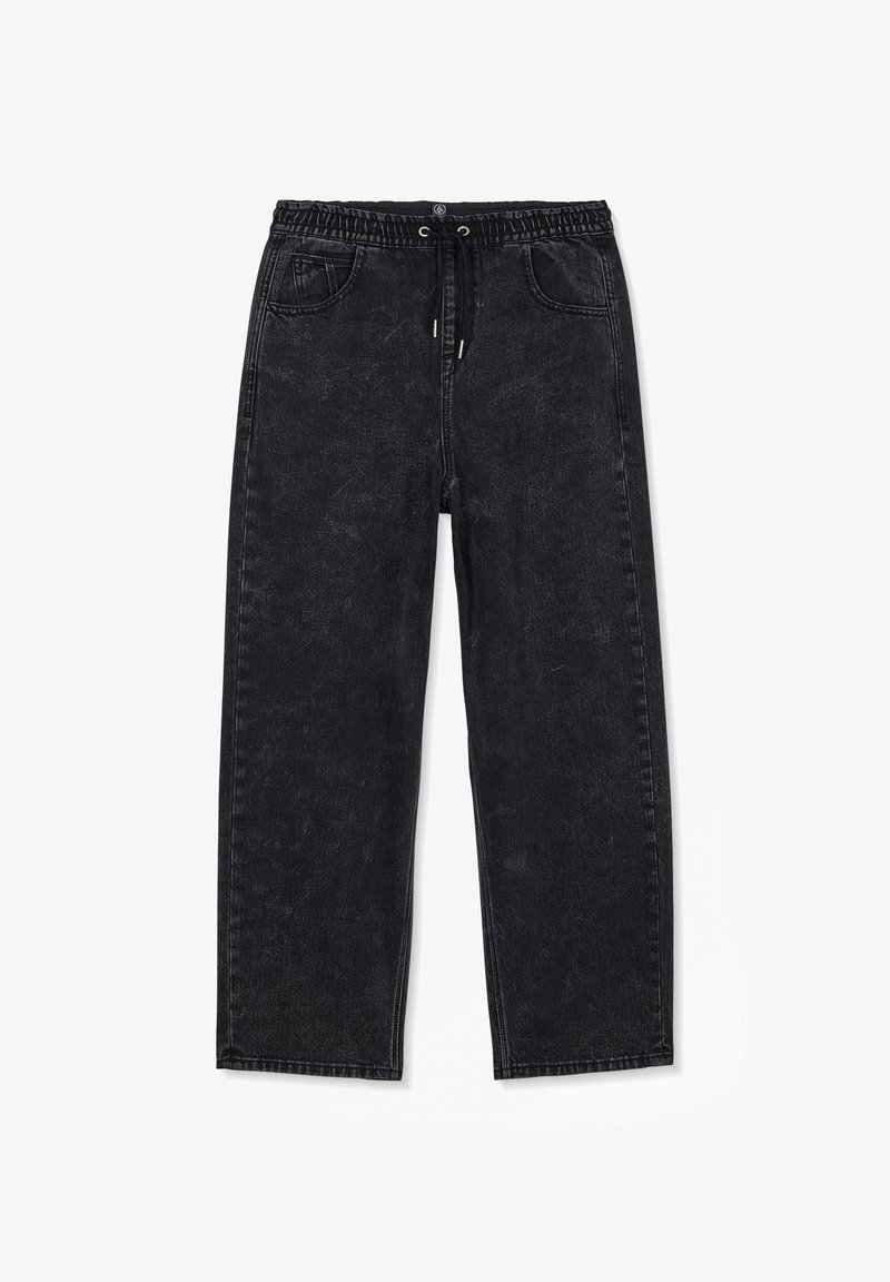 Jean denim noir avec taille élastique et cordon de serrage, deux poches avant et coupe droite.