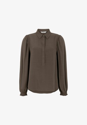 Hnedá blúzka s dlhými rukávmi a golierom, s prekrytím na gombíky vpredu, zhrnutými plecami a volánikmi na manžetách. Hladká textúra látky.