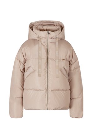 Beige gewatteerde jacket met een capuchon, vooraan met ritssluiting, trekkoordaccenten en twee voorzakken. Gladde textuur en oversized pasvorm.