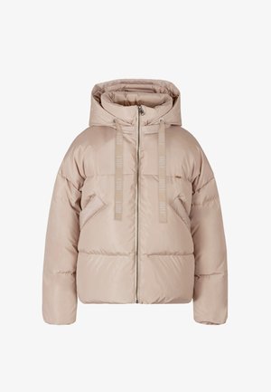 Beige gewatteerde jacket met een capuchon, vooraan met ritssluiting, trekkoordaccenten en twee voorzakken. Gladde textuur en oversized pasvorm.
