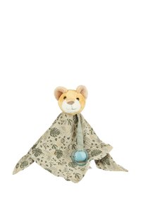 Lion plush with a beige, leaf-patterned blanket, featuring a soft, cartoon-style face and a blue pacifier attached.