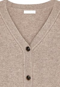 Beige knit cardigan with a V-neckline, featuring two dark brown buttons and a textured fabric. The label reads "NA-KD."