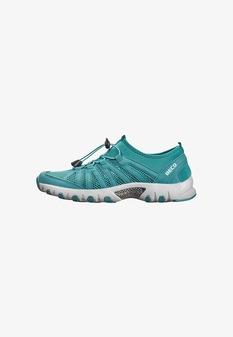 Teal netweave sport schoen met een flexibele zool, lichtgewicht ontwerp, elastische veters en grijze accenten nabij de zool.