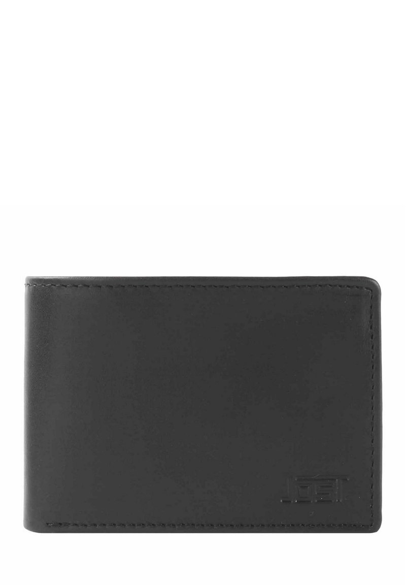 Billetera de cuero negro con un diseño minimalista, que presenta una textura suave, bordes cosidos y un logo en relieve en la esquina inferior derecha.