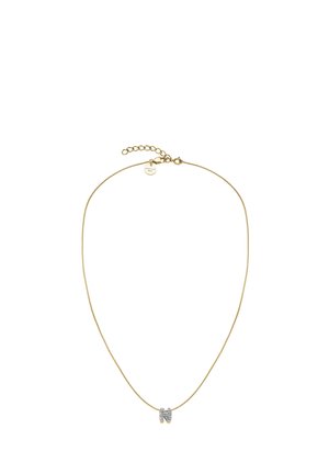 Złoty naszyjnik z cienkim łańcuszkiem i srebrnym zawieszką z inicjałem "N" ozdobioną przezroczystymi kryształkami. Posiada regulowany zapięcie z przedłużaczem.