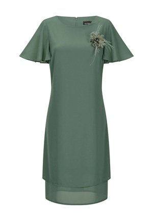 Kurzes grünes Kleid mit flatternden Ärmeln, rundem Ausschnitt, mehrlagigem Saum und dekorativer Blumenbrosche auf der linken Brust.