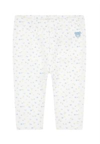 Katoenen leggings met een witte achtergrond en een bloemenpatroon in blauw en geel. Elastische tailleband en een kleine berenpatch.