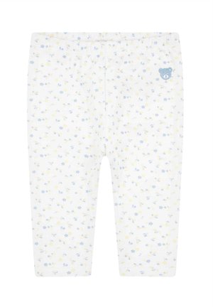 Leggings in cotone con sfondo bianco e motivo floreale in blu e giallo. Vita elastica e piccolo dettaglio a forma di orsetto.