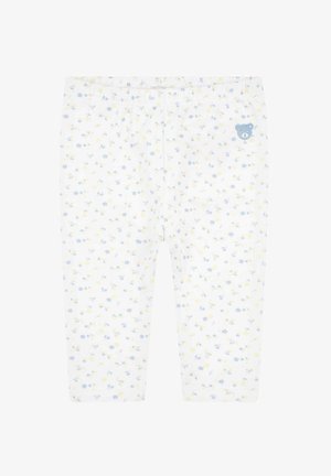 Leggings in cotone con sfondo bianco e motivo floreale in blu e giallo. Vita elastica e piccolo dettaglio a forma di orsetto.