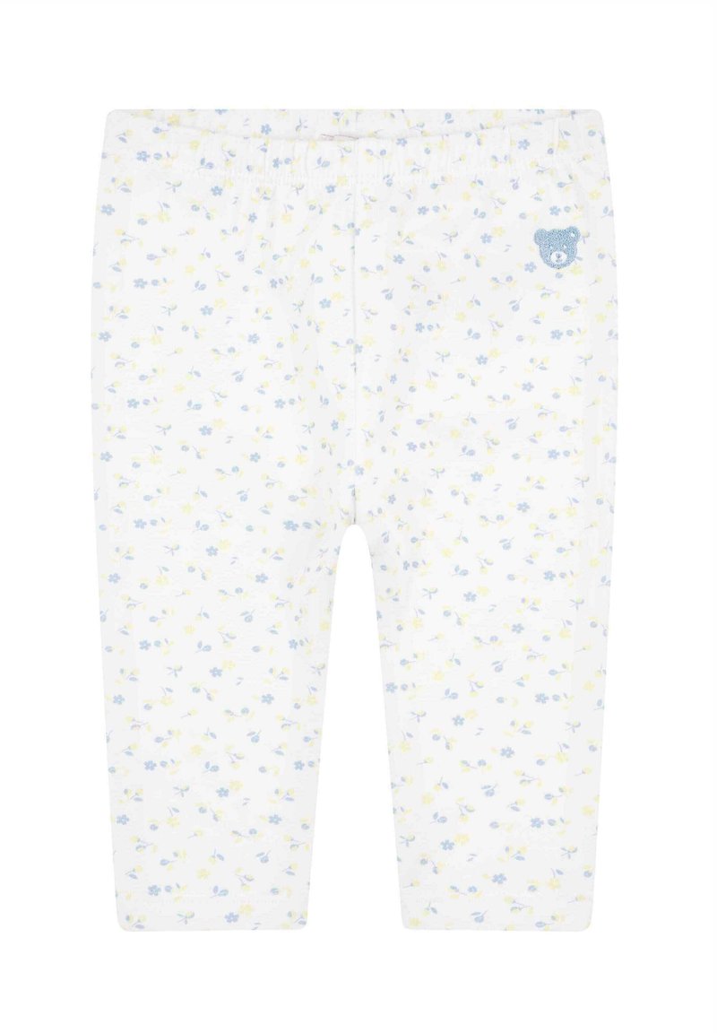 Katoenen leggings met een witte achtergrond en een bloemenpatroon in blauw en geel. Elastische tailleband en een kleine berenpatch.