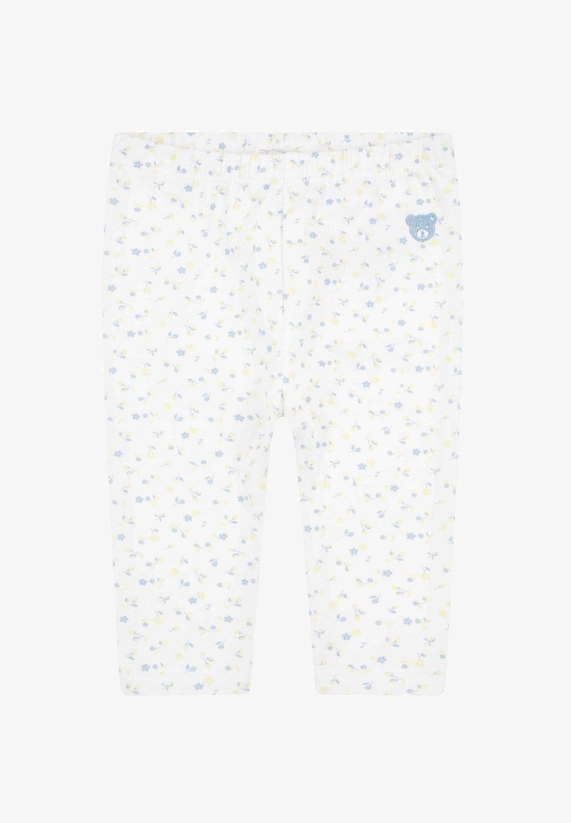 Baumwollleggings mit weißem Hintergrund und einem floralen Muster in Blau und Gelb. Elastischer Bund und kleiner Bärenapplikation.